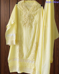 -Cotton Khadi Pakistani Style Semi-Stitched Suit with Crochet Lacing & Faux Mirror Work