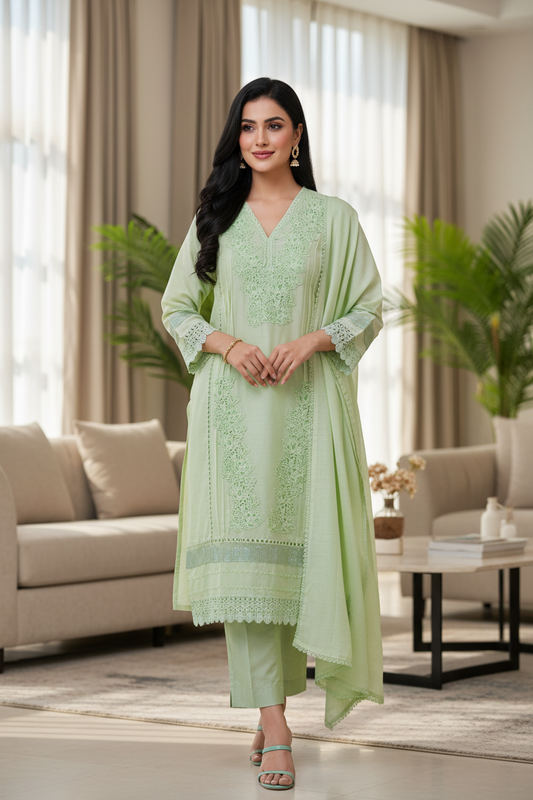 -Cotton Khadi Pakistani Style Semi-Stitched Suit with Crochet Lacing & Faux Mirror Work