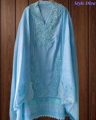 (Sky Blue)-Cotton Khadi Pakistani Style Semi-Stitched Suit with Crochet Lacing & Faux Mirror Work