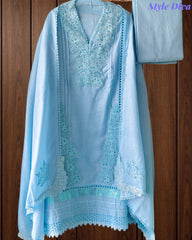 (Sky Blue)-Cotton Khadi Pakistani Style Semi-Stitched Suit with Crochet Lacing & Faux Mirror Work