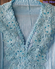 (Sky Blue)-Cotton Khadi Pakistani Style Semi-Stitched Suit with Crochet Lacing & Faux Mirror Work