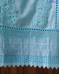 (Sky Blue)-Cotton Khadi Pakistani Style Semi-Stitched Suit with Crochet Lacing & Faux Mirror Work