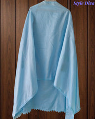 (Sky Blue)-Cotton Khadi Pakistani Style Semi-Stitched Suit with Crochet Lacing & Faux Mirror Work