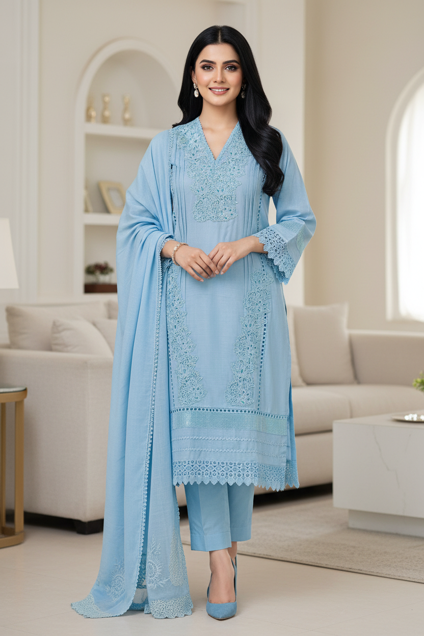 (Sky Blue)-Cotton Khadi Pakistani Style Semi-Stitched Suit with Crochet Lacing & Faux Mirror Work