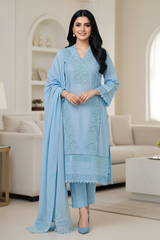 (Sky Blue)-Cotton Khadi Pakistani Style Semi-Stitched Suit with Crochet Lacing & Faux Mirror Work