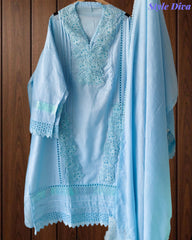 (Sky Blue)-Cotton Khadi Pakistani Style Semi-Stitched Suit with Crochet Lacing & Faux Mirror Work
