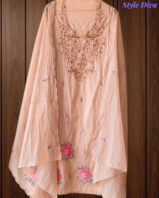Mul Cotton Cross-Stitch Embroidered Unstitched Suit with Embroidered Dupatta