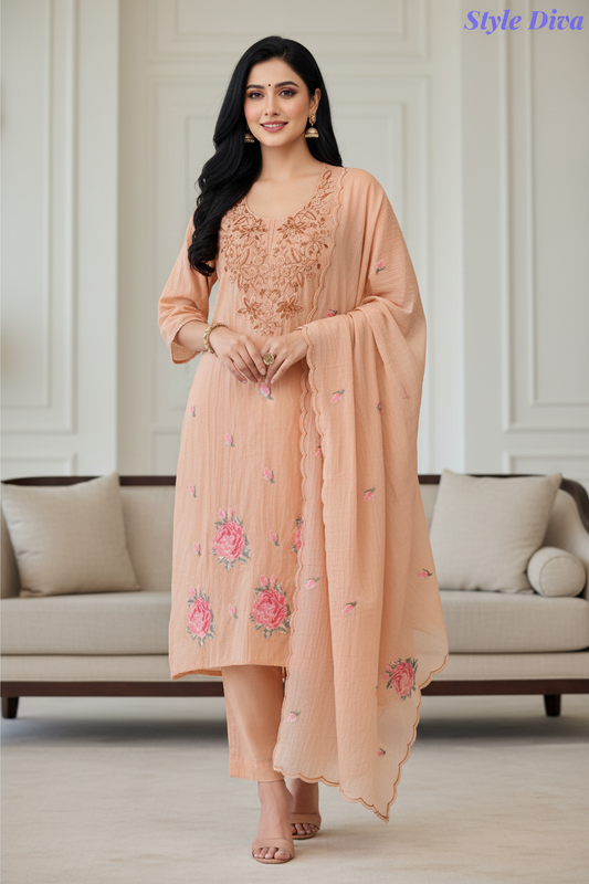 Mul Cotton Cross-Stitch Embroidered Unstitched Suit with Embroidered Dupatta