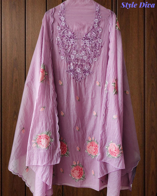 Mul Cotton Cross-Stitch Embroidered Unstitched Suit with Embroidered Dupatta