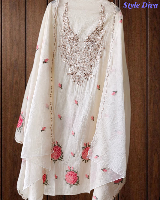 Mul Cotton Cross-Stitch Embroidered Unstitched Suit with Embroidered Dupatta