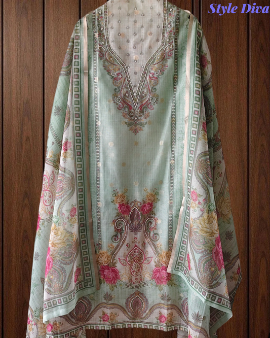 Kota Digital Printed Unstitched Suit with Pearl Highlighting and Printed Dupatta