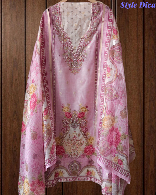 Kota Digital Printed Unstitched Suit with Pearl Highlighting and Printed Dupatta