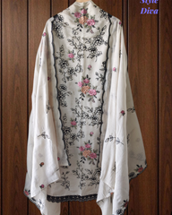 Mul Cotton Thread Embroidered Unstitched Suit with Scalloped Embroidered Dupatta