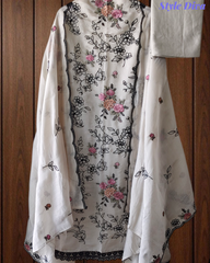 Mul Cotton Thread Embroidered Unstitched Suit with Scalloped Embroidered Dupatta