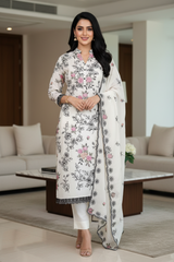 Mul Cotton Thread Embroidered Unstitched Suit with Scalloped Embroidered Dupatta