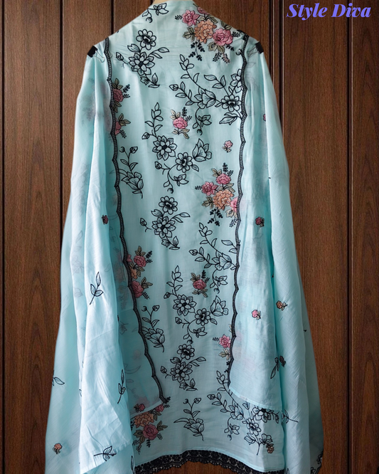 Mul Cotton Thread Embroidered Unstitched Suit with Scalloped Embroidered Dupatta