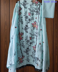 Mul Cotton Thread Embroidered Unstitched Suit with Scalloped Embroidered Dupatta