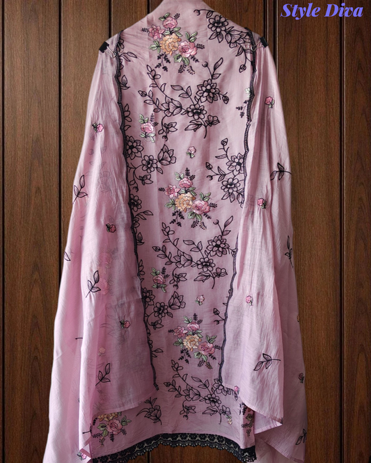 Mul Cotton Thread Embroidered Unstitched Suit with Scalloped Embroidered Dupatta