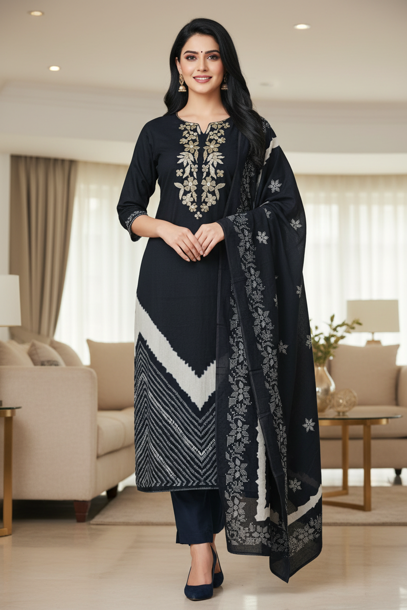 Cotton Digital Print Zari Embroidery Unstitched Suit with Mul Cotton Dupatta