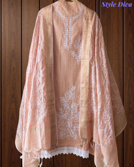 Cotton Linen Thread Embroidered Unstitched Suit with Banarasi Border Dupatta
