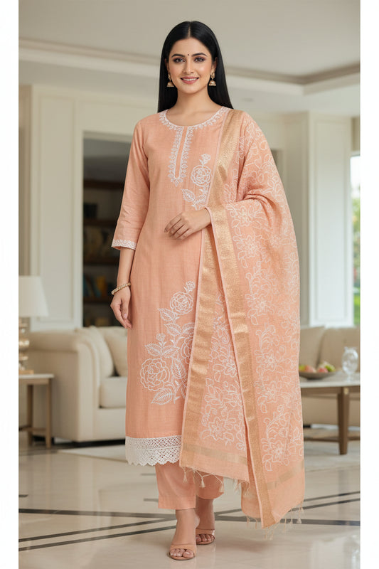 Cotton Linen Thread Embroidered Unstitched Suit with Banarasi Border Dupatta