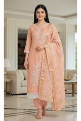 Cotton Linen Thread Embroidered Unstitched Suit with Banarasi Border Dupatta