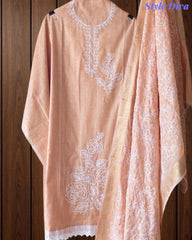 Cotton Linen Thread Embroidered Unstitched Suit with Banarasi Border Dupatta
