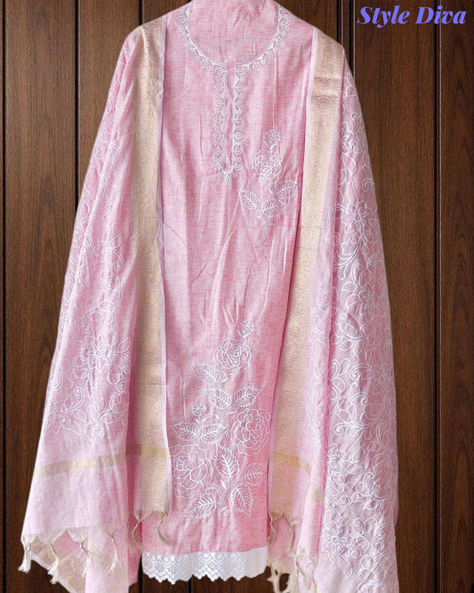 Cotton Linen Thread Embroidered Unstitched Suit with Banarasi Border Dupatta