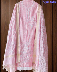Cotton Linen Thread Embroidered Unstitched Suit with Banarasi Border Dupatta