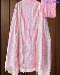 Cotton Linen Thread Embroidered Unstitched Suit with Banarasi Border Dupatta