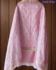 Cotton Linen Thread Embroidered Unstitched Suit with Banarasi Border Dupatta