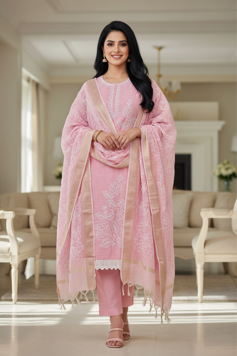 Cotton Linen Thread Embroidered Unstitched Suit with Banarasi Border Dupatta