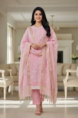Cotton Linen Thread Embroidered Unstitched Suit with Banarasi Border Dupatta