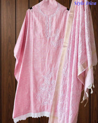 Cotton Linen Thread Embroidered Unstitched Suit with Banarasi Border Dupatta