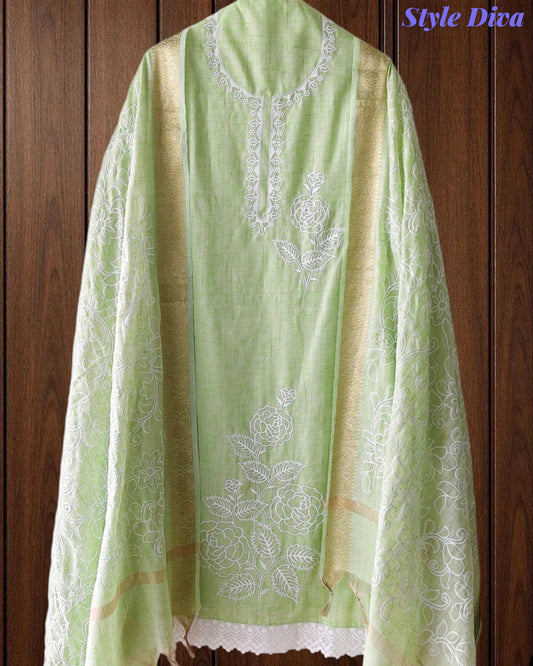 Cotton Linen Thread Embroidered Unstitched Suit with Banarasi Border Dupatta