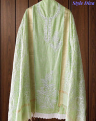 Cotton Linen Thread Embroidered Unstitched Suit with Banarasi Border Dupatta