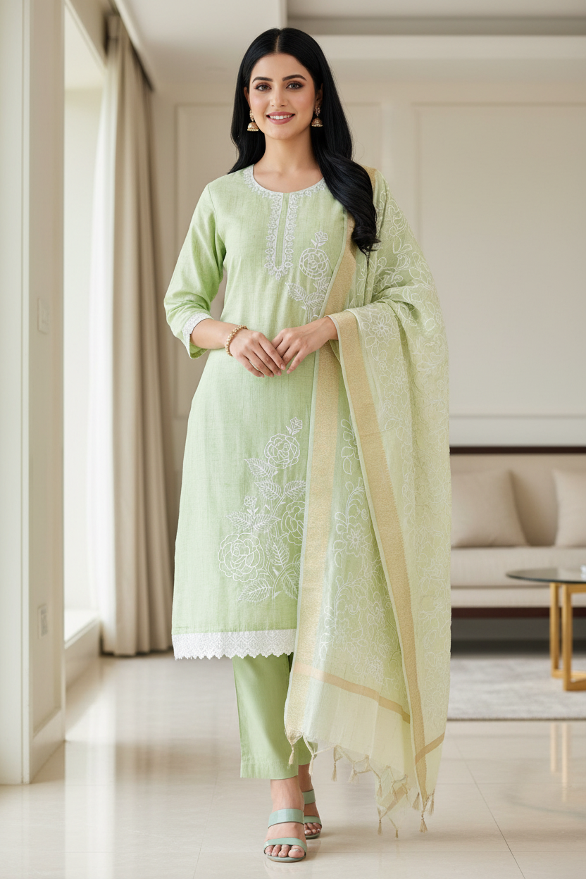 Cotton Linen Thread Embroidered Unstitched Suit with Banarasi Border Dupatta
