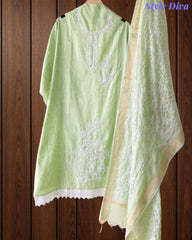 Cotton Linen Thread Embroidered Unstitched Suit with Banarasi Border Dupatta