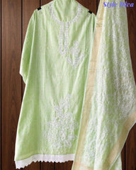 Cotton Linen Thread Embroidered Unstitched Suit with Banarasi Border Dupatta