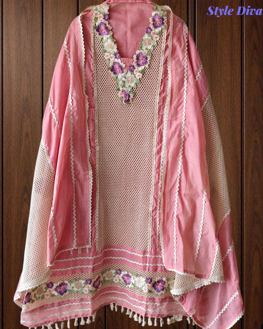 Jamdani Cotton Crochet Lace & 3D Floral Unstitched Suit with Jamdani Dupatta