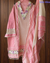 Jamdani Cotton Crochet Lace & 3D Floral Unstitched Suit with Jamdani Dupatta