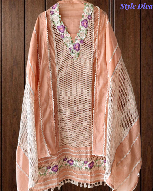 Jamdani Cotton Crochet Lace & 3D Floral Unstitched Suit with Jamdani Dupatta