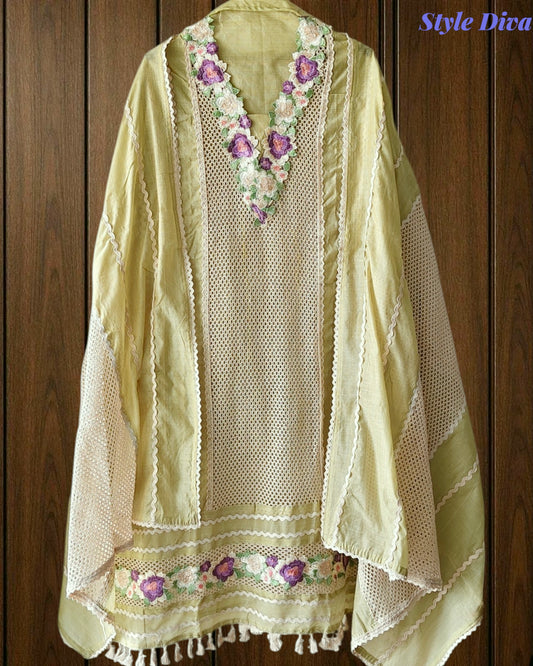 Jamdani Cotton Crochet Lace & 3D Floral Unstitched Suit with Jamdani Dupatta