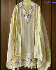 Jamdani Cotton Crochet Lace & 3D Floral Unstitched Suit with Jamdani Dupatta