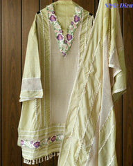Jamdani Cotton Crochet Lace & 3D Floral Unstitched Suit with Jamdani Dupatta