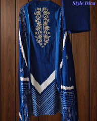 Cotton Digital Print Zari Embroidery Unstitched Suit with Mul Cotton Dupatta