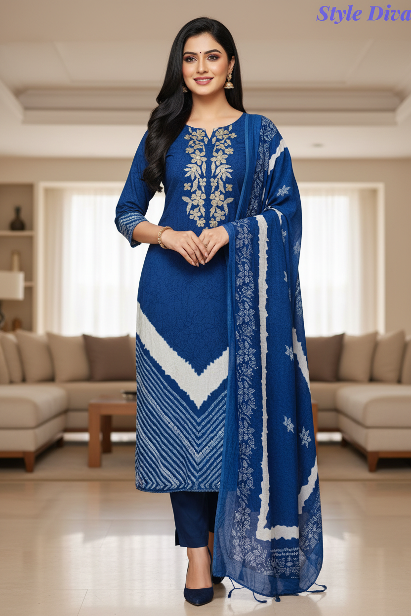 Cotton Digital Print Zari Embroidery Unstitched Suit with Mul Cotton Dupatta