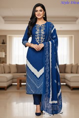 Cotton Digital Print Zari Embroidery Unstitched Suit with Mul Cotton Dupatta