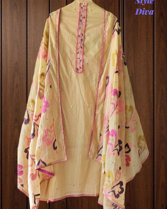 Mul Cotton Neck Embroidered Unstitched Suit with Designer Embroidered Dupatta