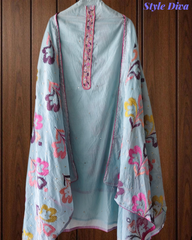 Mul Cotton Neck Embroidered Unstitched Suit with Designer Embroidered Dupatta